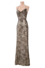 Fall 2015 Ralph Lauren Purple Label Runway Finale Look 43 Bronze Sequin Halter Dress w Open Back