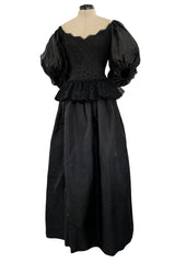 Romantic 1980s Oscar de la Renta Backless Black Silk & Lace Dress w Killer Pouf Sleeves