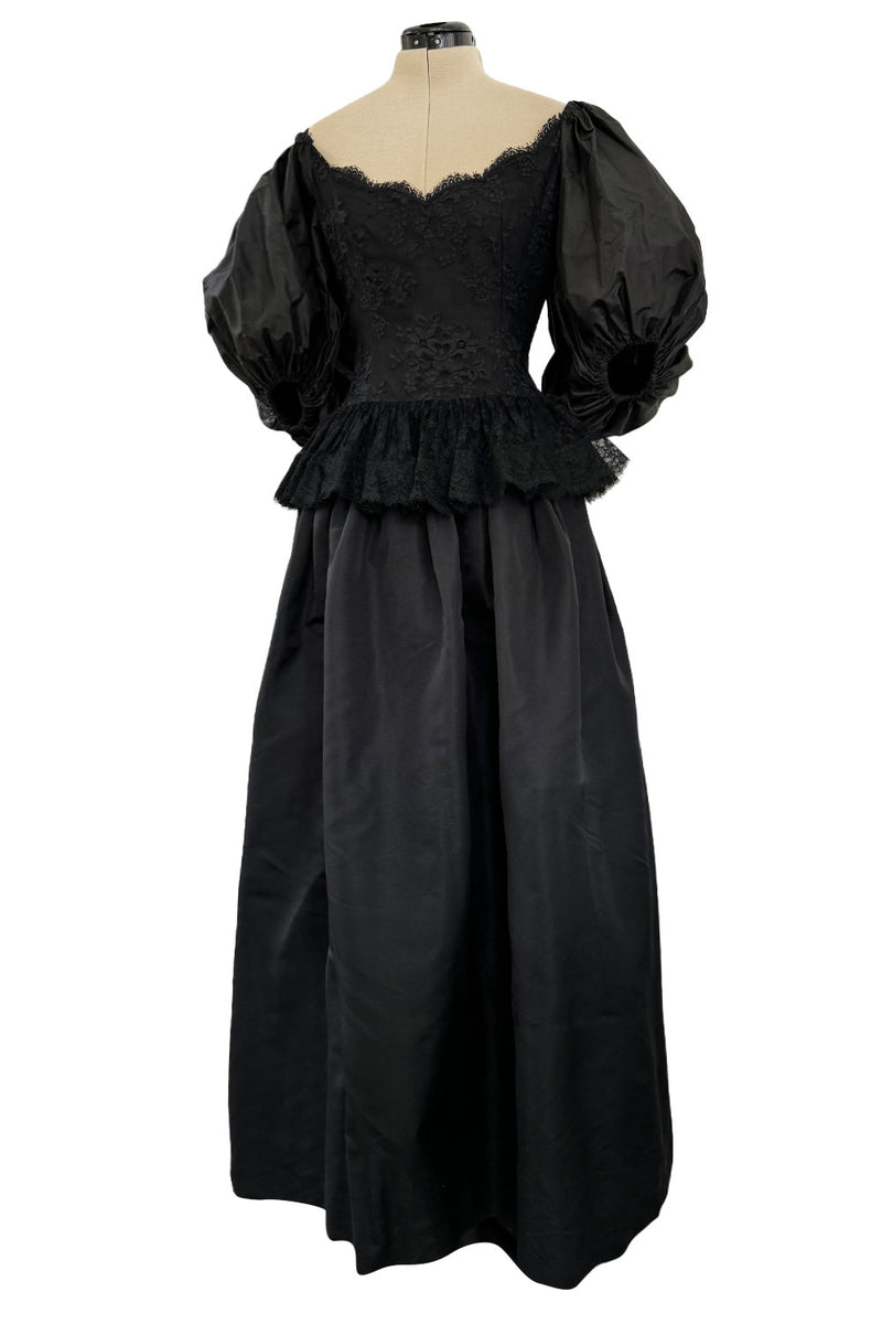 Documented Resort 1978 Oscar de la Renta Backless Black Silk & Lace Dress w Full BalloonmSleeves