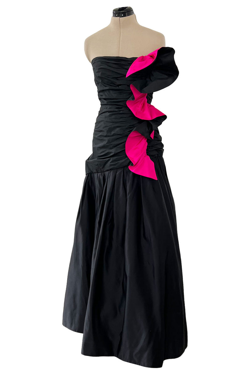 Stunning 1980s Arnold Scaasi Couture Black Silk Strapless Dress w Shocking Pink Ruffle