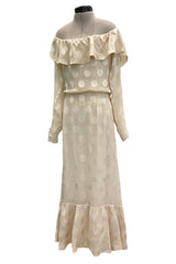 Amazing Fall 1973 Yves Saint Laurent Haute Couture Runway Off Shoulder Ivory Dress w Hand Applied Dots