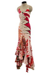Rare Spring 2004 Roberto Cavalli Runway Look 23 Feather Light Silk Coral & Gold Print Dress