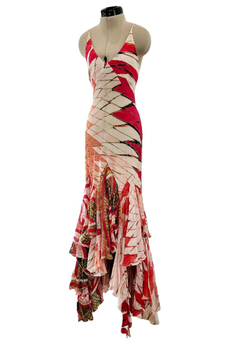 Rare Spring 2004 Roberto Cavalli Runway Look 23 Feather Light Silk Coral & Gold Print Dress