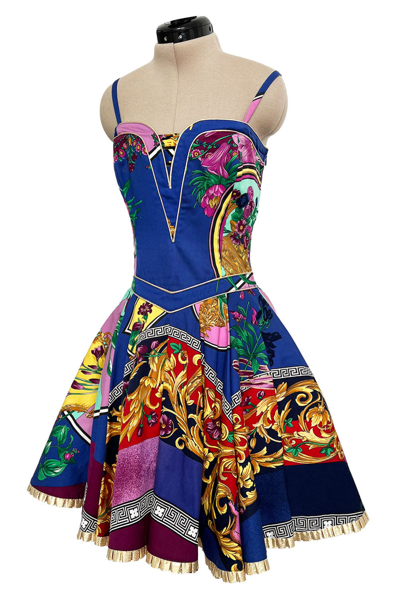 Iconic Spring 1992 Versace by Gianni Versace Jeans Couture Floral Print Full Skirt Halter Mini Dress