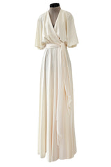 1970s Halston Draped Minimal Seamed Ivory Jersey Wrap Over Dress w Full Sleeves