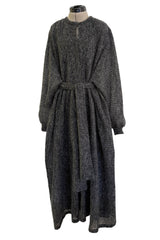 Amazing 1970s Kay Cosserat Hand Knit / Handmade Grey Angora Silk Mohair Caftan Dress w Belt