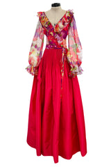 Sensational 1972 Yves Saint Laurent Red Floral Silk Chiffon & Red Silk Dress w Balloon Sleeves & Pleat Detailing