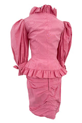 Phenomenal Spring 1988 Jean Louis Scherrer Haute Couture Pink Ruffle Suit w Balloon Sleeves