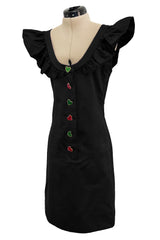 Spring 1992 Yves Saint Laurent Ad Campaign Black Dress w Green & Red Enamel Heart Buttons
