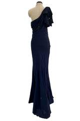 Spring 2008 Christian Dior by John Galliano Deep Blue Silk Chiffon One Shoulder Dress w Beading