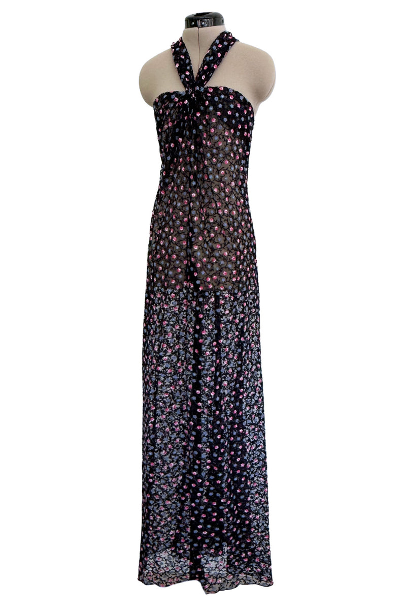 Sheer Fall 2024 Giorgio Armani Sample Deep Blue Net Dress w Embroidered Cotton Pink & Blue Flowers