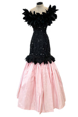 Rare 1986 Fabrice Simon Couture Off Shoulder Beaded Black Dress w Pastel Pink Lower Skirts