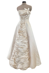 1950s Philip Hulitar Couture Strapless Gathered Front Champagne Ivory Silk Dress w Bow