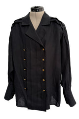 1980s Chanel by Karl Lagerfeld Oversized Black Linen Top w 14 x Four leaf Clover Buttons