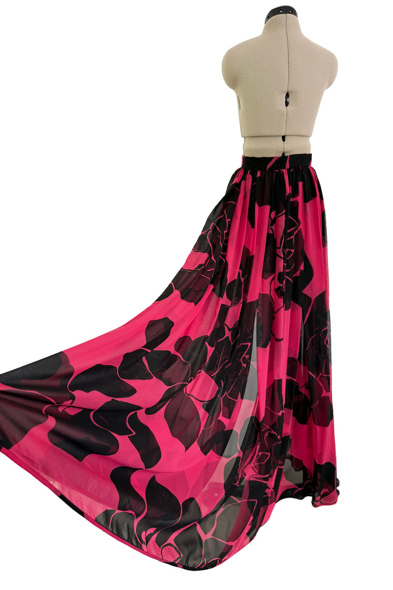 Multifunctional 1970s or 1980s Original Valentino Deep Pink & Black Printed Silk Chiffon Open Front Over Skirt