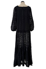 Chic c.1973 Yves Saint Laurent Black Gauzy Feeling Silk Chiffon Dress w Pattern & Full Sleeves