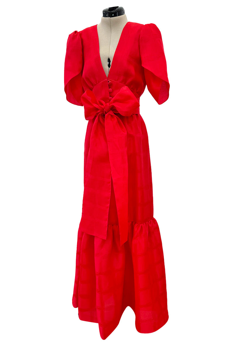 Gorgeous Spring 1974 Givenchy Red Silk Organza Full Lower Skirted Dress w Sash & Incredible Sleeves