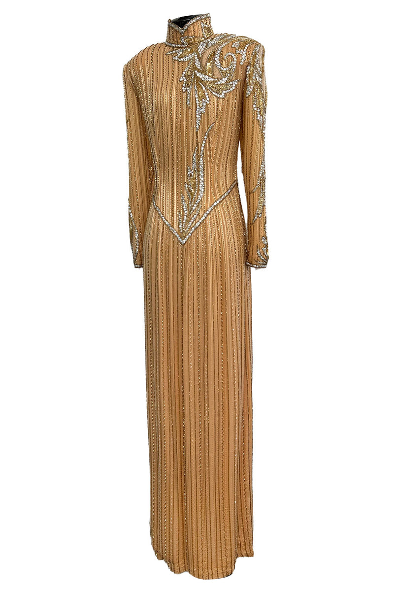 Incredible 1980s Bob Mackie Beaded, Sequin & Rhinestone Detailed Peach Silk Dress