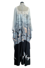Outstanding 1970s Jean Varon Crane & Ocean Print Jersey Caftan Dress w Hand Crocheted Collar