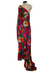 Exquisite Fall 1997 Yves Saint Laurent Brilliant Multi Floral Printed Silk Chiffon Bias Cut & Draped One Shoulder Dress