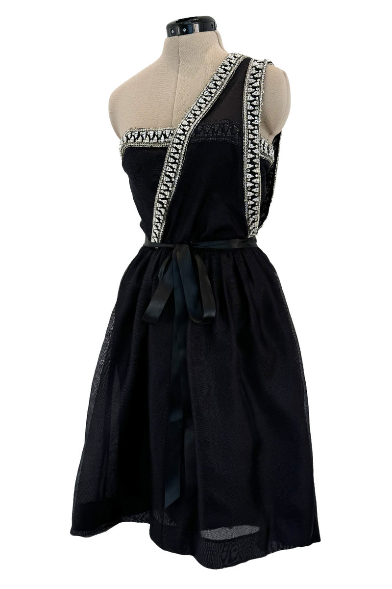 Incredible 1970s Givenchy Demi-Couture One Shoulder Silk Gazaar Dress w Rhinestones Edging