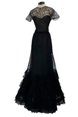 Incredible 1990s Oscar de la Renta Fine Black Lace Dress w Full Ruffled Skirt
