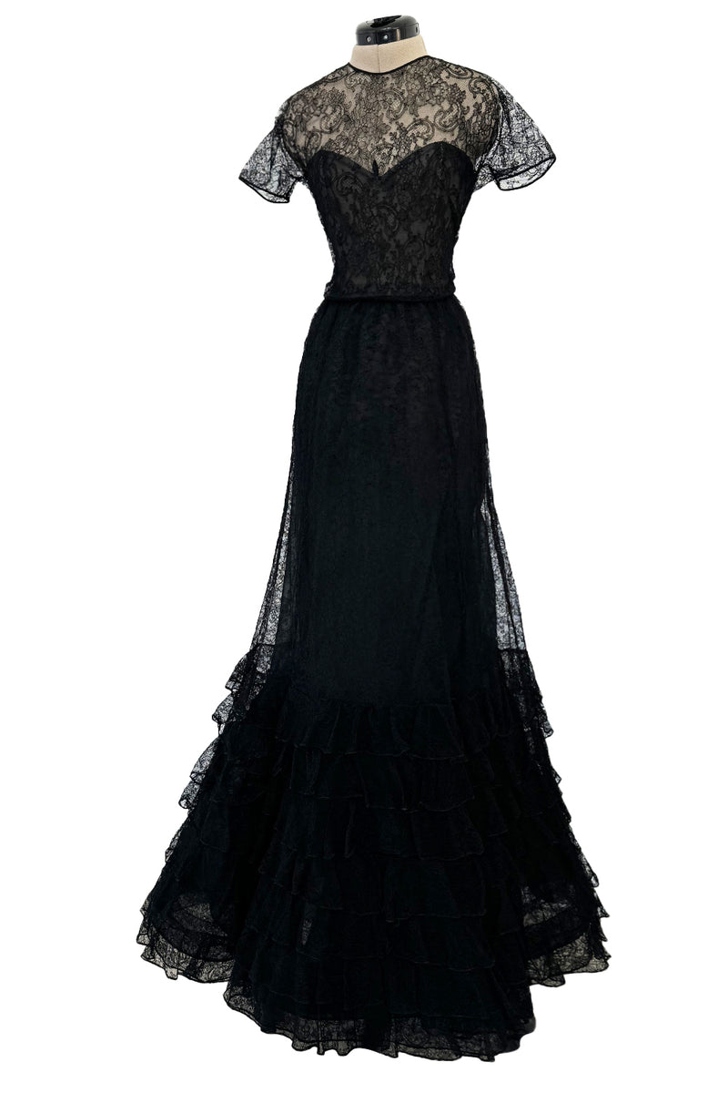 Incredible 1990s Oscar de la Renta Fine Black Lace Dress w Full Ruffled Skirt