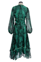 Well Documented Spring 1970 Unlabeled Thea Porter Green Butterfly Print Silk Chiffon Dress