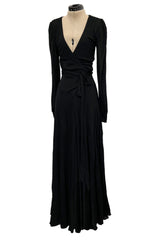 Incredibly Rare 1970s Holly’s Harp Bias Cut Black Jersey Dress w Crossed over Plunging Front