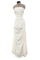 Prettiest 1950s Fred Perlberg Strapless Ivory Dress w Gathered Back Skirting & Net Cotton Muslin Underskirts