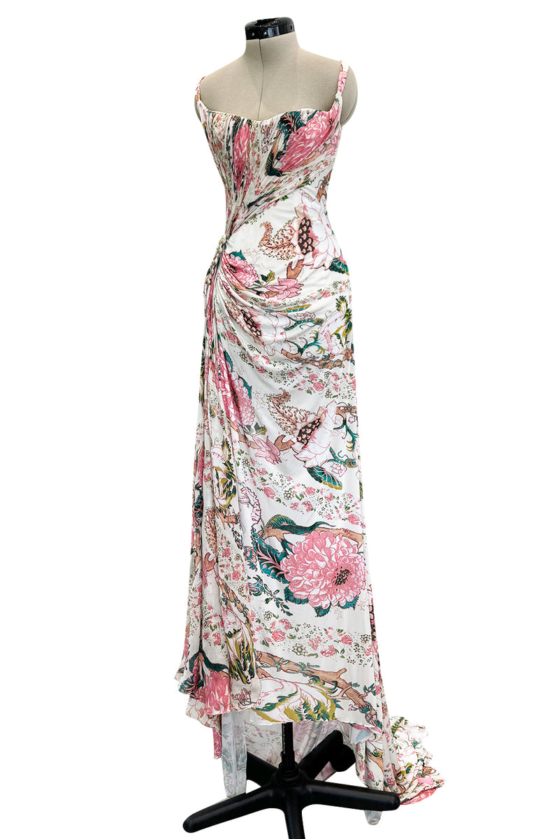 Phenomenal Spring 2006 Roberto Cavalli Pink Floral Print on Ivory Jersey Dress (Copy)