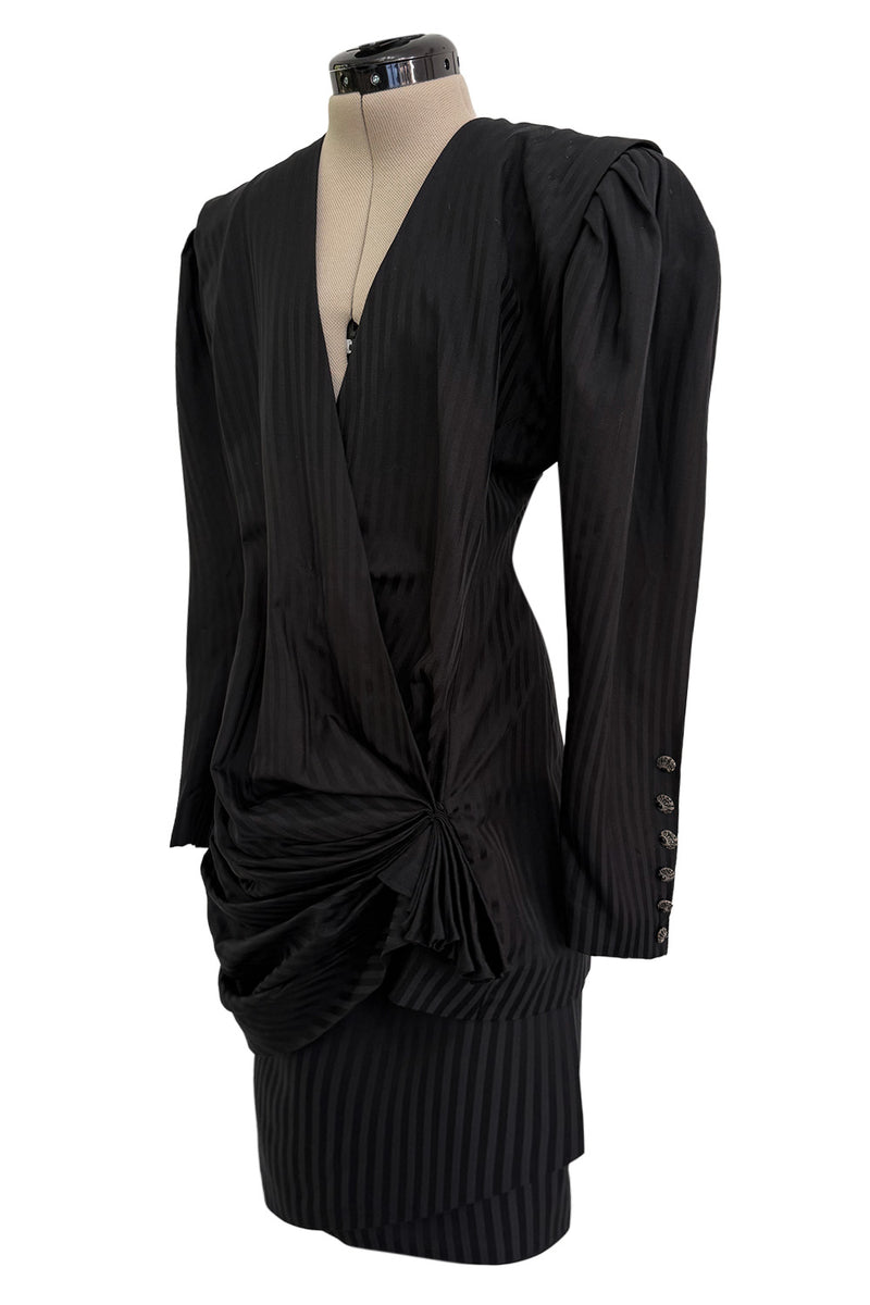 Fabulous Spring 1985 Emanuel Ungaro Haute Couture Runway Black Stripe Jacket & Skirt Set