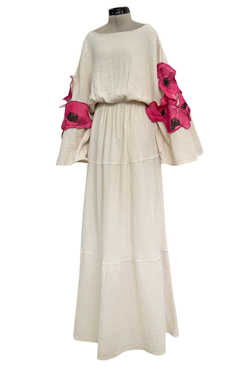Gorgeous 1970s Unlabeled Raw Natural Cotton Dress w Huge Pink Floral A Shrimpton Couture Gorgeous 1970s Unlabeled Raw Natural Cotton Dress w Huge Pink Floral A Shrimpton Couture