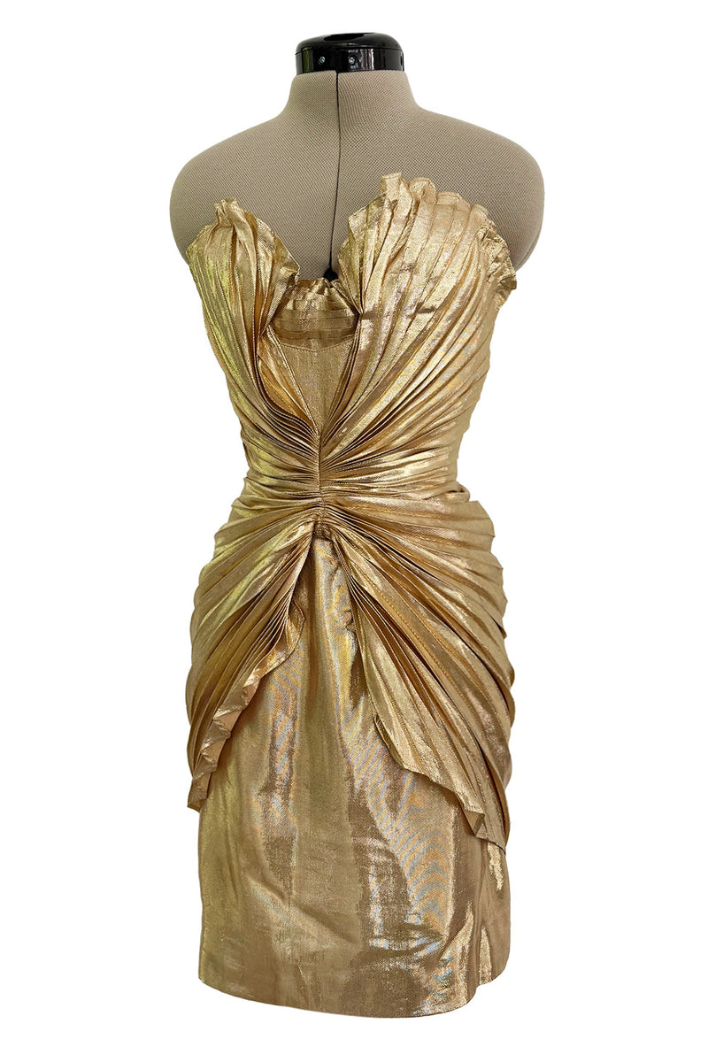 Outstanding Spring 1986 Thierry Mugler Pleated Metallic Gold Lurex Pleated Strapless Bodice 'Shell' Dress