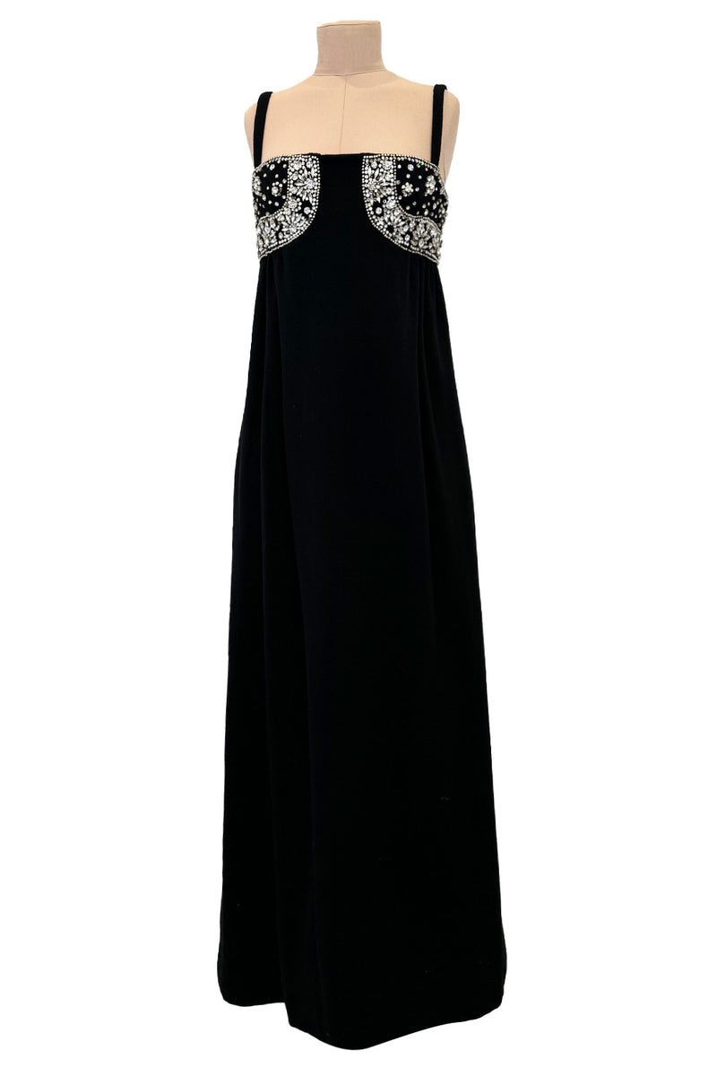 Sophisticated 1960s Donald Brooks Fine  Black Wool Crepe Dress w Elaborate Rhinestone Detailing