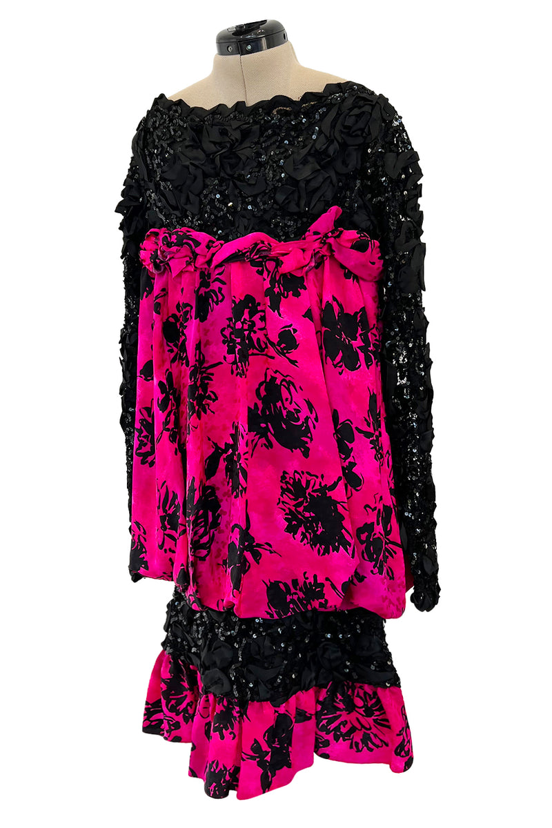 Dramatic Fall 1987 Yves Saint Laurent Runway Pink & Floral Silk Dress w Elaborate Lace & Sequin Detail Dramatic Fall 1987 Yves Saint Laurent Runway Pink & Floral Silk Dress w Elaborate Lace & Sequin Detail
