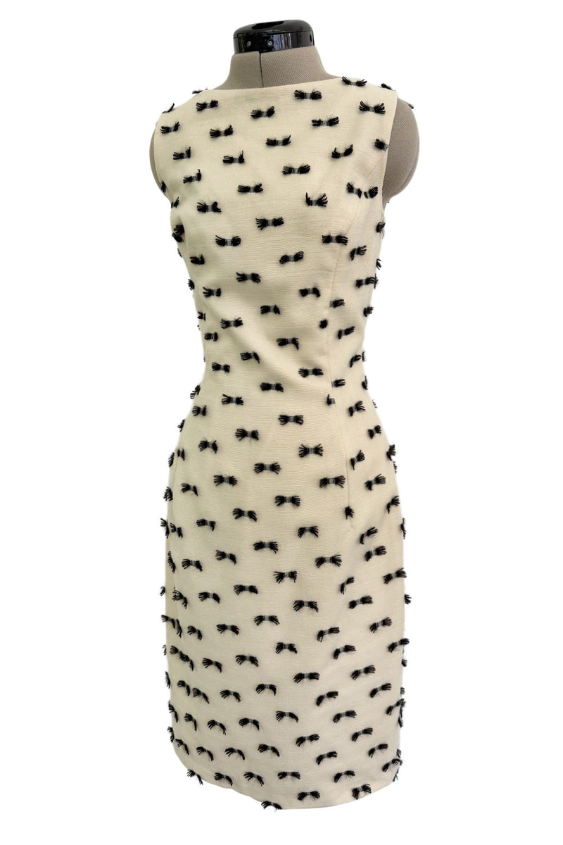 Rare & Chic Fall 1999 John Galliano Soft Ivory Wool Sleeveless Shift Dress Covered in Tiny Black Yarn Bows