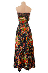 Wonderful c.1974 Yves Saint Laurent Brilliant Floral Print Strapless Cotton Dress w Top Stitched Gathers
