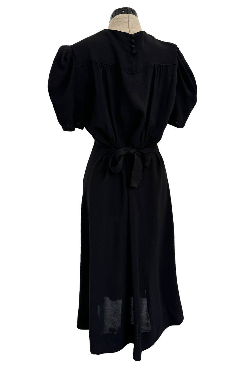 Gorgeous 1940s Unlabeled Black Crepe Dress w 3D Floral Detailed Bright Red Bow Appliques
