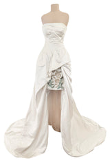 2010-2011 Alexander McQueen Strapless Ivory Silk Dress w Hand Embroidered Flowers & Train