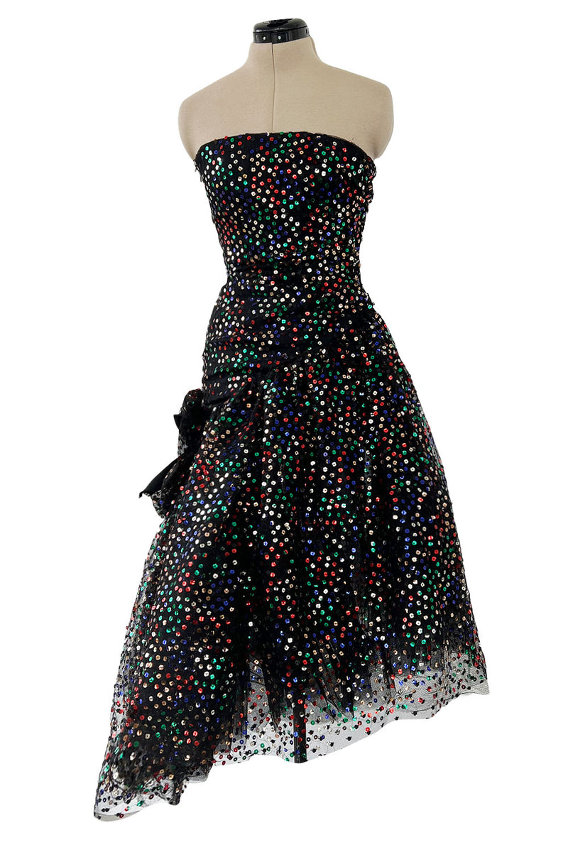 Gorgeous 1980s Arnold Scaasi Black Net Dress w Multi Colour Sequins & Asymmetrical Skirt