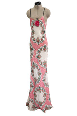Prettiest Spring 2021 Rodarte Runway Look 20 Bias Cut Silk Pink Print Flower & Hearts Dress w Removable Flower