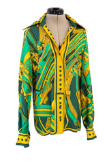 Fantastic Vintage 1999 Hermes Rythmes du Monde by Laurence Bourthoumieux Green Silk Twill Top