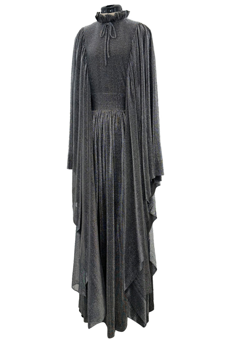 Spectacular 1970s Gina Fratini Metallic Deep Silver Lame Dress w Ruffle Collar &  Angel Sleeves