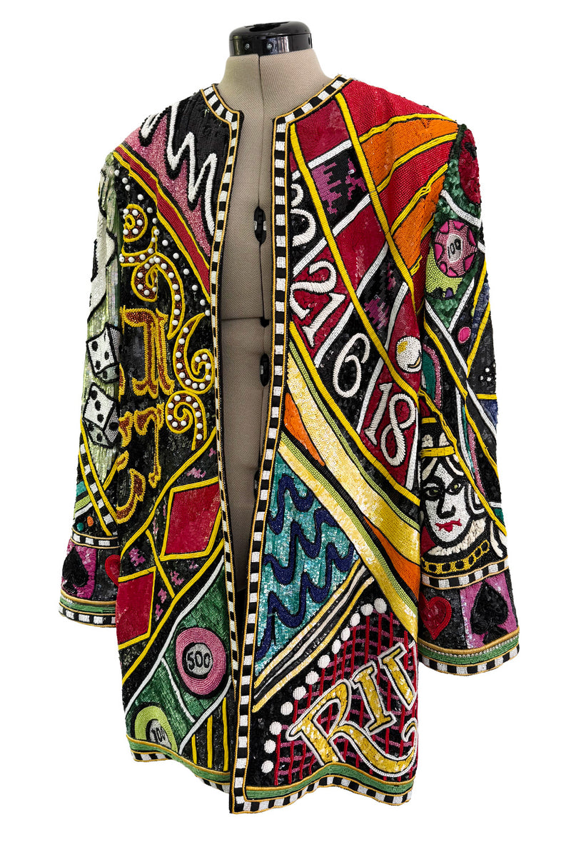 Incredible 1980s Bob Mackie Main Label Fully Sequin & Beaded Oversized Casino Themed Jacket
