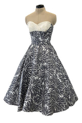 Amazing 1950s Fred Perlberg Hand Painted Silver & Gray Strapless Dress w Pleated Shelf Bust