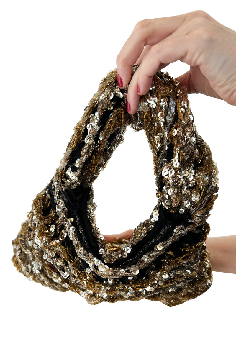Hand Made to Order 1930s John-Fredericks Metallic Gold & Silver Woven Evening Bag w Sequin Detailing