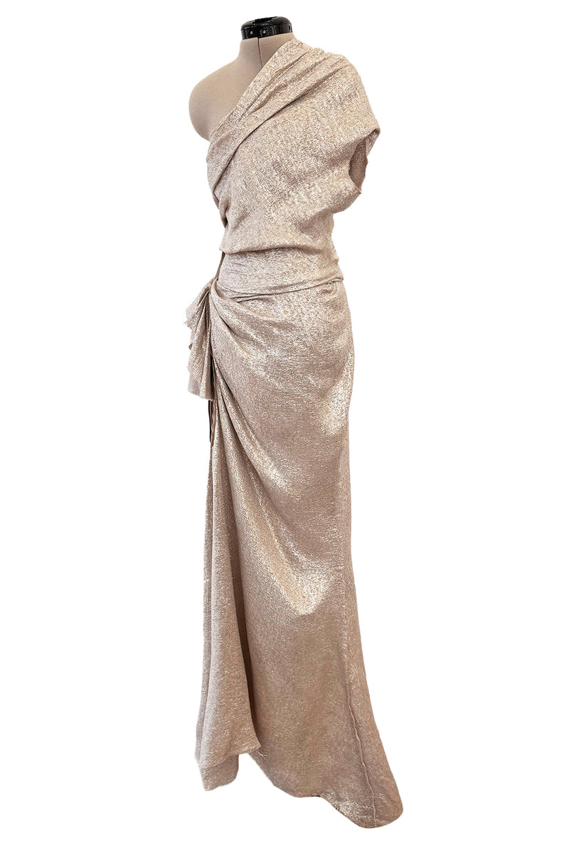 Spectacular Spring 2011 Lanvin by Alber Elbaz Pale Metallic Gold Silver Lame One Shoulder Dress