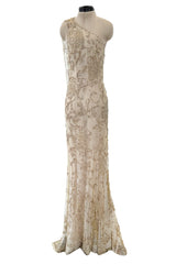 Exquisite Spring 1993 John Anthony Hand Beaded One Shoulder Dress on Pale Gold Silk Net
