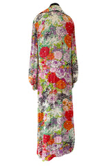 Beautiful Spring 1974 Pauline Trigere Runway Floral Print Dress w Rhinestone Detailing